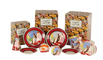 Lot 56 - CLARICE CLIFF (1899-1972) HAND PAINTED WEDGEWOOD BLUE AUTUMN STAMFORD TEASET