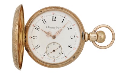 Lot 1234 - A 19TH CENTURY 14CT GOLD FULL HUNTER RAILROAD GRADE POCKET WATCH AND A 1/10TH 14CT GOLD FILLED AND ABALONE ALBERT CHAIN AND FOB
