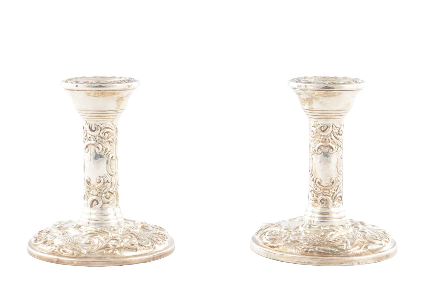 Lot 135 - A PAIR OF 20TH CENTURY SILVER CANDLE STICKS