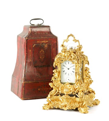 Lot 1260 - AUGUSTE, A PARIS. A FINE 19TH CENTURY FRENCH GILT BRASS ROCOCO STRIKING CARRIAGE CLOCK ON STAND