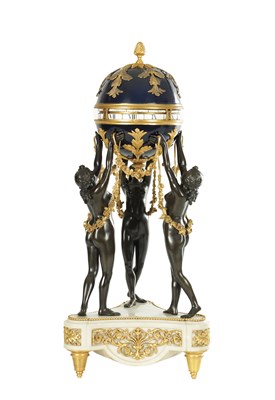 Lot 1270 - A 19TH CENTURY FRENCH PATINATED BRONZE, ORMOLU AND WHITE MARBLE ‘CERCLES TOURNANTS’ FIGURAL MANTEL CLOCK