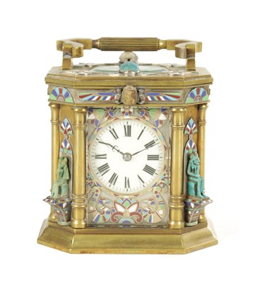 Lot 1355 - A RARE 19TH CENTURY FRENCH EGYPTIAN REVIVAL CHAMPLEVE ENAMEL CARRIAGE CLOCK