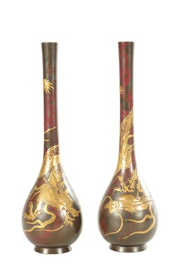 Lot 488 - A PAIR OF JAPANESE MEIJI PERIOD BRONZE AND GILT BOTTLE VASES