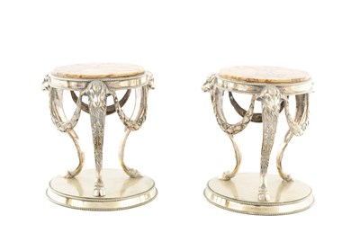 Lot 132 - A PAIR OF 19TH CENTURY SILVER PLATED NEOCLASSICAL MARBLE TOPPED TABLE STABLE STANDS