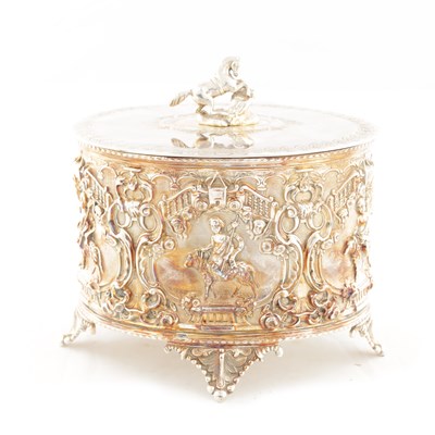 Lot 146 - A 19TH CENTURY SILVER PLATED ELKINGTON TYPE BISCUIT BARREL