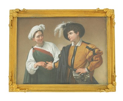 Lot 733 - ITALIAN SCHOOL AFTER CARAVAGGIO. AN EARLY 19TH CENTURY CASED MINIATURE ON IVORY