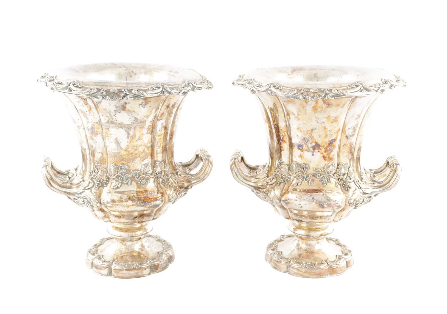 Lot 167 - A PAIR OF OLD SHEFFIELD SILVER PLATED CAMPANA SHAPED CHAMPAGNE COOLERS