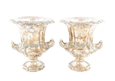 Lot 167 - A PAIR OF OLD SHEFFIELD SILVER PLATED CAMPANA SHAPED CHAMPAGNE COOLERS