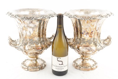 Lot 167 - A PAIR OF OLD SHEFFIELD SILVER PLATED CAMPANA SHAPED CHAMPAGNE COOLERS