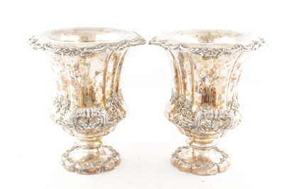 Lot 167 - A PAIR OF OLD SHEFFIELD SILVER PLATED CAMPANA SHAPED CHAMPAGNE COOLERS