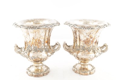 Lot 167 - A PAIR OF OLD SHEFFIELD SILVER PLATED CAMPANA SHAPED CHAMPAGNE COOLERS