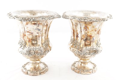 Lot 167 - A PAIR OF OLD SHEFFIELD SILVER PLATED CAMPANA SHAPED CHAMPAGNE COOLERS