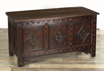 Lot 1607 - A 17TH CENTURY OAK PANELLED INLAID YORKSHIRE COFFER