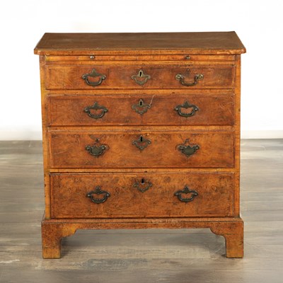 Lot 1459 - A GOOD GEORGE I FIGURED WALNUT BATCHELORS CHEST OF SMALL SIZE