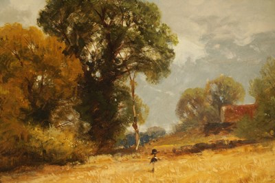 Lot 633 - JOHN HORACE HOOPER (1851 - 1906). A LARGE LATE 19TH CENTURY OIL ON CANVAS "A RIVER SIDE CORNFIELD"