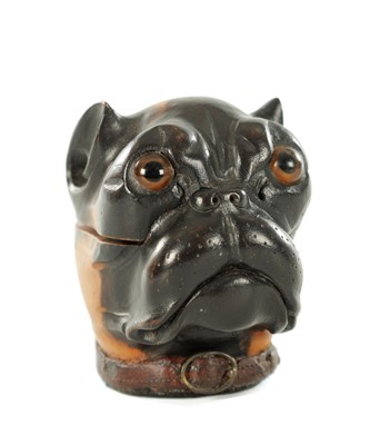 Lot 824 - A 19TH CENTURY BLACK FOREST CARVED FRUITWOOD PUG INKWELL