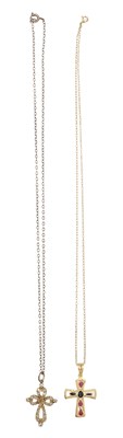 Lot 318 - A 15CT GOLD SAPPHIRE AND RUBY CROSS PENDANT NECKLACE