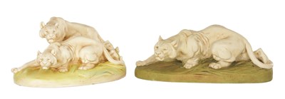 Lot 24 - JARL OTTO (1865 - 1915). AN ART NOUVEAU ROYAL DUX FIGURE OF A LIONESS AND OTHER PORCELAIN FIGURE GROUP