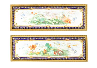 Lot 1022 - A PAIR OF 19TH CENTURY FRENCH ORMOLU FRAMED ENAMEL PLAQUES