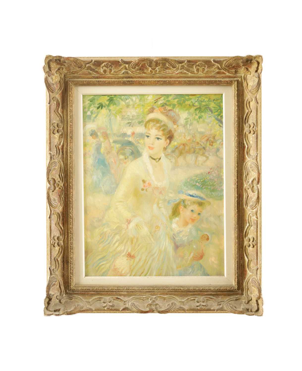 Lot 707 - JOHN STREVENS (1902–1990) OIL ON CANVAS TITLED ' A WALK IN THE GARDEN' DATED 1953