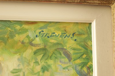 Lot 707 - JOHN STREVENS (1902–1990) OIL ON CANVAS TITLED ' A WALK IN THE GARDEN' DATED 1953