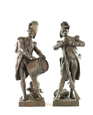 Lot 1039 - AFTER ETIENNE-HENRI DUMAIGE. A LARGE PAIR OF LATE 19TH CENTURY FRENCH PATINATED BRONZE MILITARY FIGURES