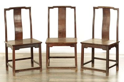 Lot 494 - A SET OF THREE 19TH CENTURY CHINESE HARDWOOD SIDE CHAIRS
