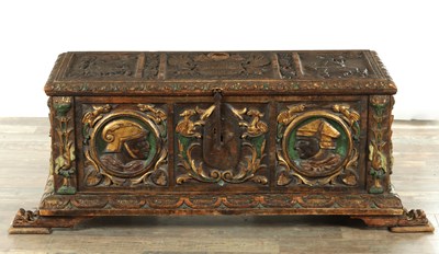 Lot 1650 - A GOOD POLYCHROME AND PARCEL GILT DECORATED CARVED WALNUT ITALIAN CASSONE