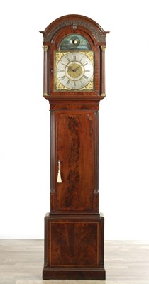 Lot 1426 - SEDDON, FRODSHAMAN. AN 18TH CENTURY MAHOGANY EIGHT-DAY BRASS DIAL LONGCASE CLOCK WITH SPHERICAL MOON TO THE ARCH