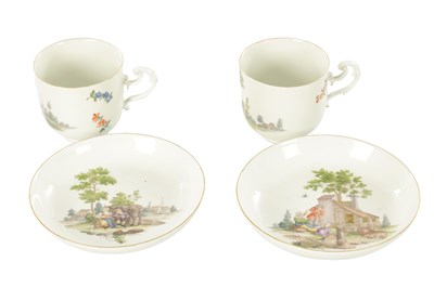 Lot 42 - A PAIR OF MID 18TH CENTURY MEISSEN CUPS AND SAUCERS
