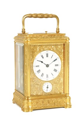 Lot 1330 - PAUL GARNIER, PARIS. A FINE 19TH CENTURY GILT ENGRAVED GORGE CASED REPEATING CARRIAGE CLOCK