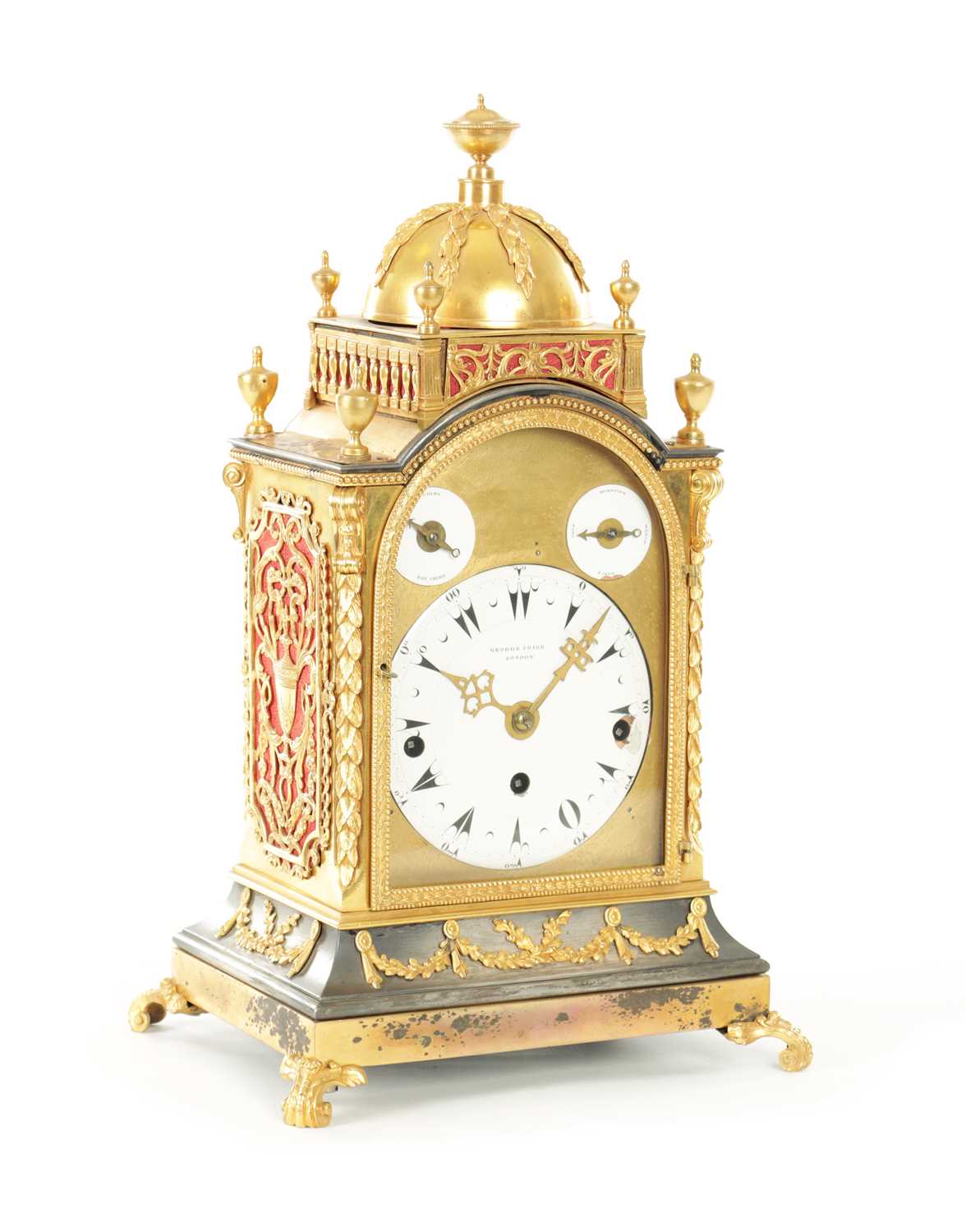 Lot 1392 - GEORGE PRIOR, LONDON. A SMALL AND FINE GEORGE III ORMOLU CASED MUSICAL BRACKET CLOCK