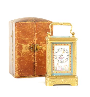 Lot 1398 - MARGAINE, PARIS. A LATE 19TH CENTURY MINIATURE GILT ENGRAVED PORCELAIN PANELLED CARRIAGE CLOCK