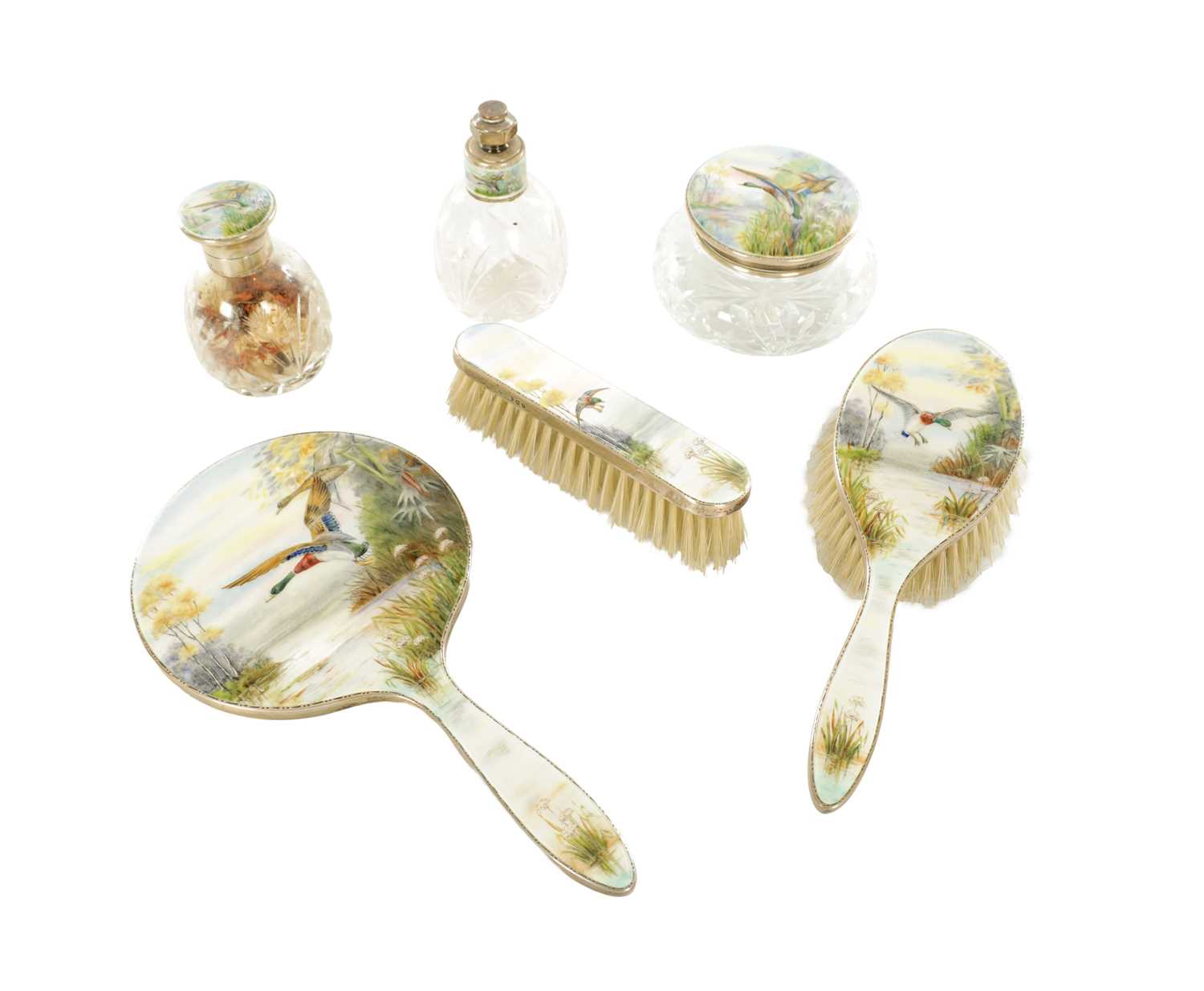 Lot 170 - A 1920's SILVER GUILLOCHE ENAMEL DRESSING TABLE SET