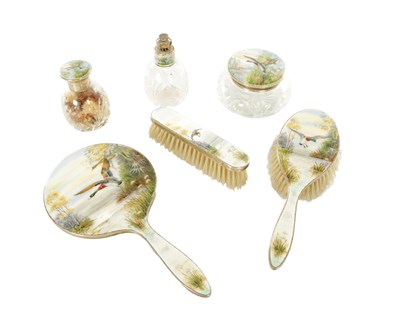 Lot 170 - A 1920's SILVER GUILLOCHE ENAMEL DRESSING TABLE SET