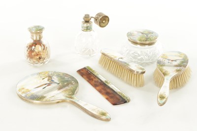 Lot 170 - A 1920's SILVER GUILLOCHE ENAMEL DRESSING TABLE SET