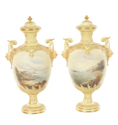 Lot 45 - A PAIR OF LATE 19TH CENTURY ROYAL WORCESTER CABINET VASES BY EDWIN SALTER