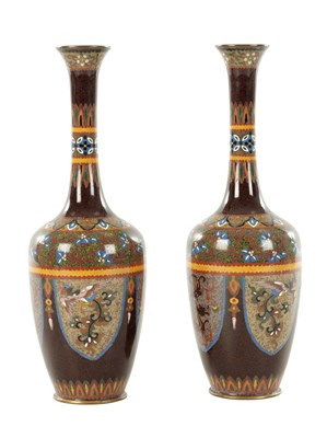 Lot 418 - A PAIR OF CASED MEIJI PERIOD JAPANESE CLOISONNE BOTTLE VASES
