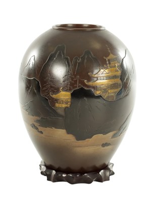 Lot 389 - A JAPANESE MEIJI PERIOD BRONZE VASE WITH MIXED METAL INLAY ON CARVED WOOD STAND