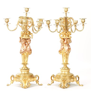 Lot 926 - A PAIR OF 19TH CENTURY FRENCH GILT BRONZE FIGURAL FIVE BRANCH CANDELABRA