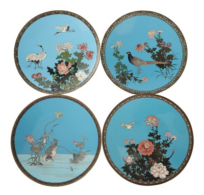 Lot 616 - A COLLECTION OF FOUR JAPANESE BLUE CLOISONNE ENAMEL DISHES