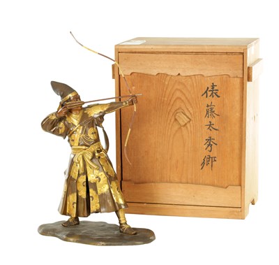 Lot 426 - A CASED JAPANESE MEIJI PERIOD BRONZE AND MIXED METAL MIYAO FIGURE