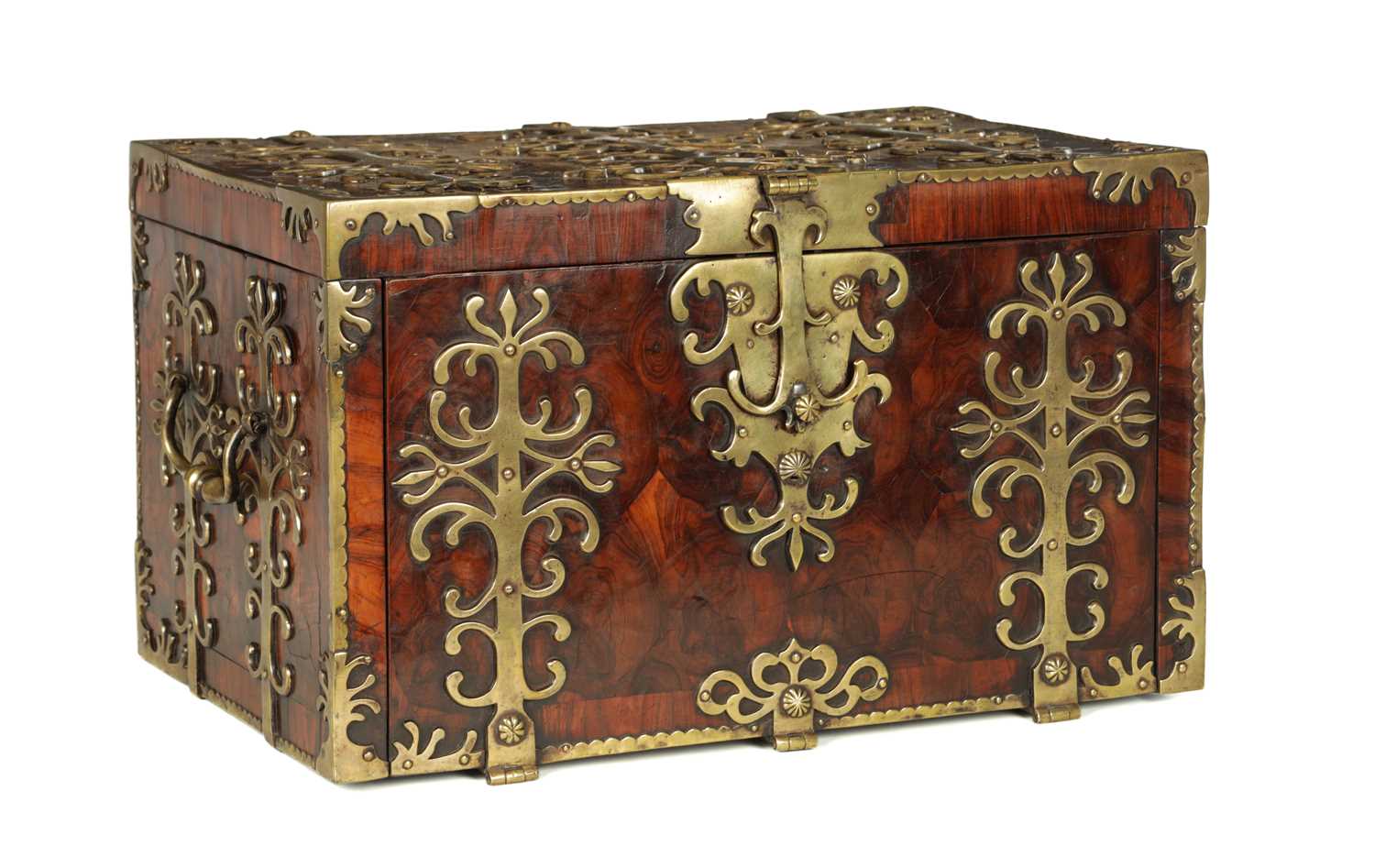 Lot 778 - A LARGE LATE 17TH CENTURY OYSTER CUT KINGWOOD VENEERED COFFRE FORT