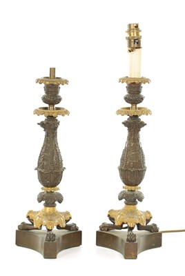 Lot 1095 - A PAIR OF REGENCY STYLE BRONZE AND GILT BRONZE LAMP BASES
