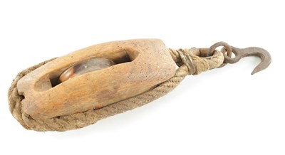 Lot 819 - A 19TH CENTURY SHIP'S WOODEN SHEAVE PULLY BLOCK