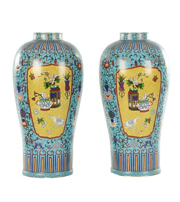 Lot 511 - A PAIR OF QING DYNASTY CHINESE CLOISONNE ENAMEL BALUSTER VASES