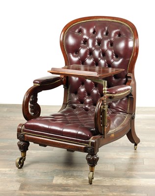 Lot 1498 - A FINE WILLIAM IV MAHOGNAY AND LEATHER BUTTON UPHOLSTERED IMPROVED RECUMBENT READING CHAIR BY R. DAWS, G.R. PATENT