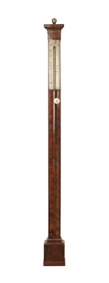 Lot 1421 - ADIE & SON, EDINBURGH. A REGENCY FIGURED MAHOGANY STICK BAROMETER