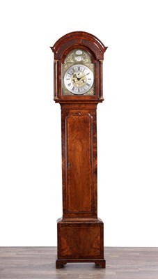 Lot 1302 - EDWARD BARLOW, OLDHAM. A FINE GEORGE II WALNUT PENNY MOON LONGCASE CLOCK