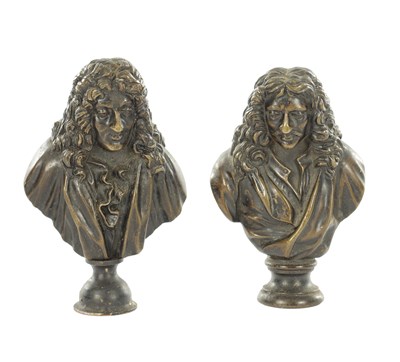 Lot 1093 - ATT. FERDINAND BARDEBIENNE (1810-1892). A BRONZE BUST OF MOLIÈRE WITH A BRONZE BUST DEPICTING PIERRE CORNEILLE